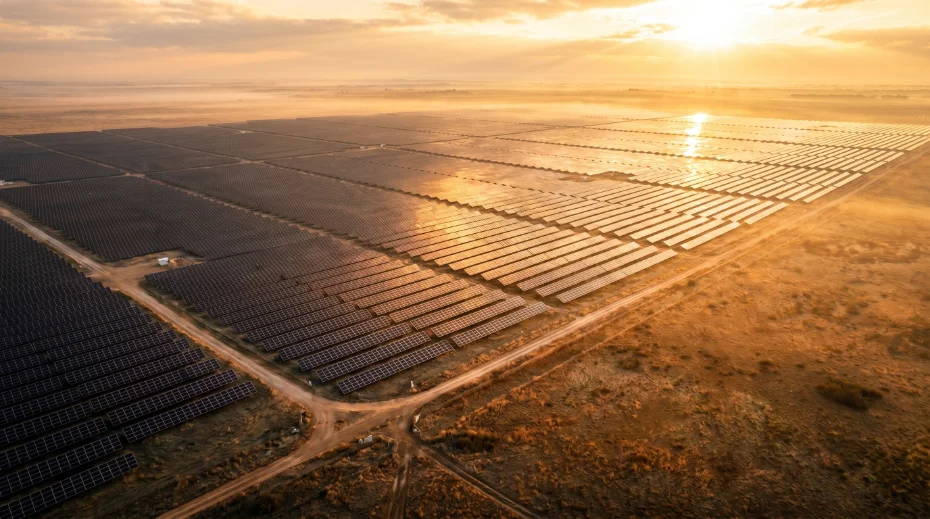 Aerial view of a solar energy field at dusk